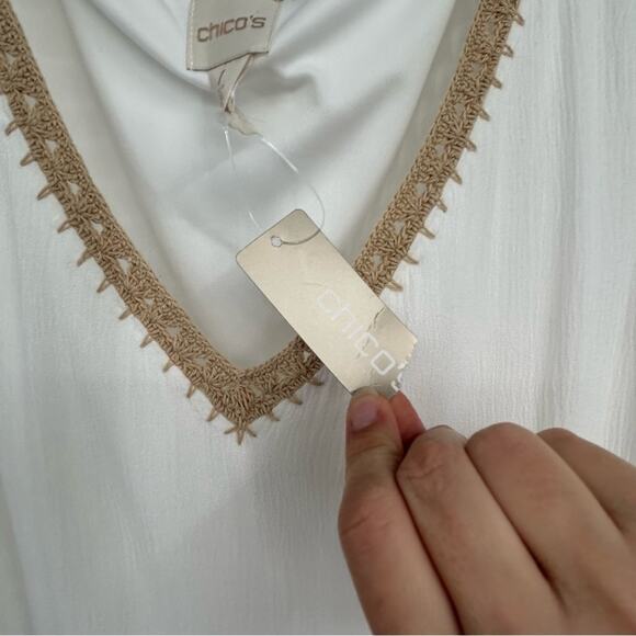 Chico's Grecian Goddess White Tan Crochet Tie Waist Sleeveless Maxi Dress 1 US 8 - Picture 6 of 7